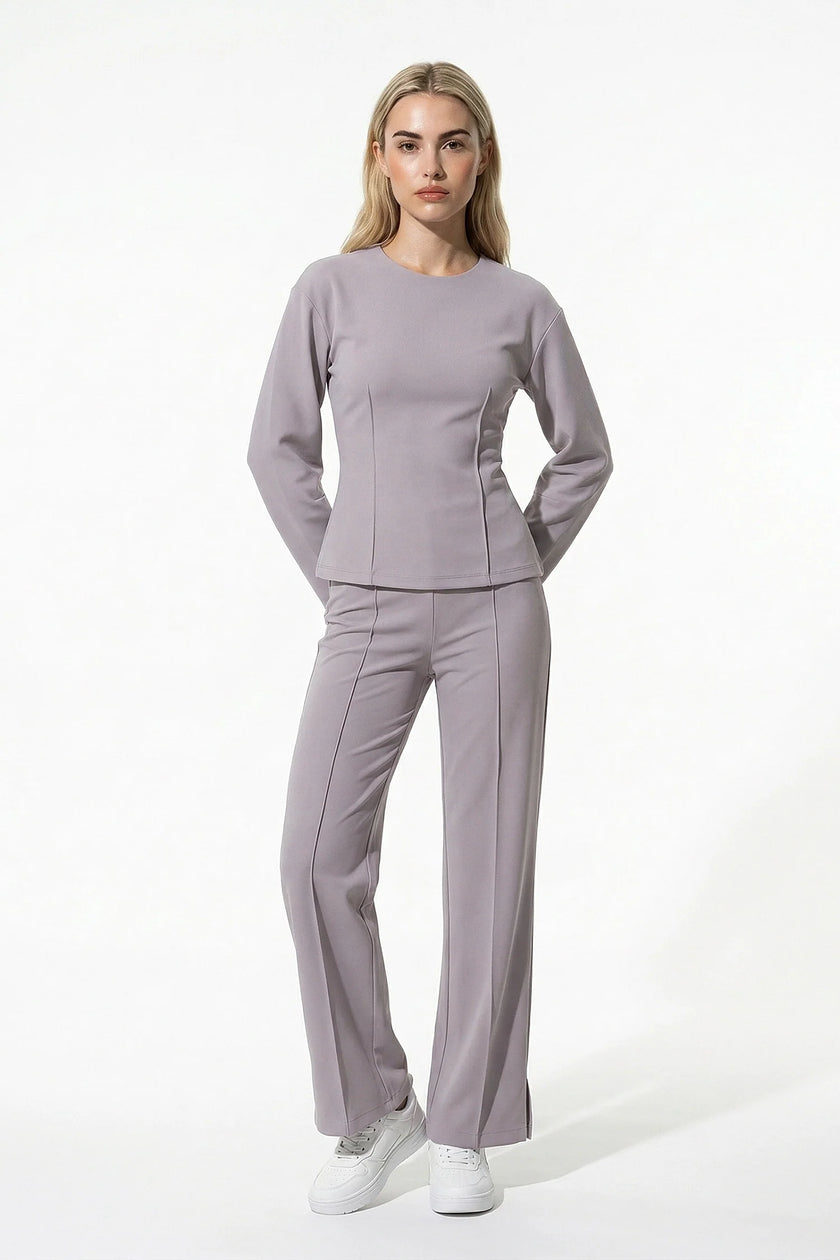 FJØRNA women's slim fit co-ord set with long sleeve top and wide-leg trousers in grey, full-body view.