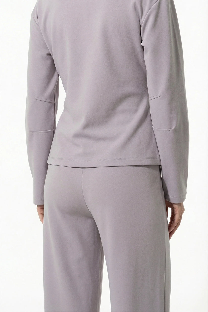 FJØRNA women's slim fit co-ord set with long sleeve top and wide-leg trousers in grey, stylish and comfortable for casual wear.