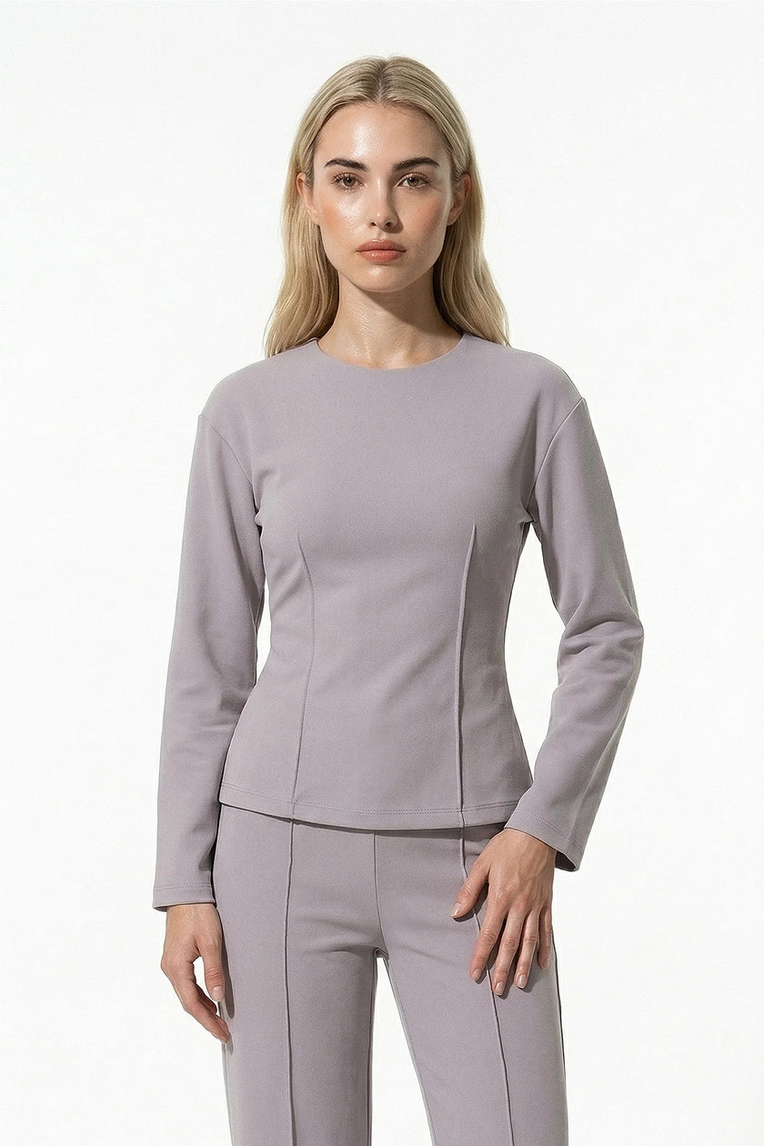 FJØRNA women's slim fit co-ord set with long sleeve top and wide-leg trousers in grey, stylish and comfortable for casual wear.