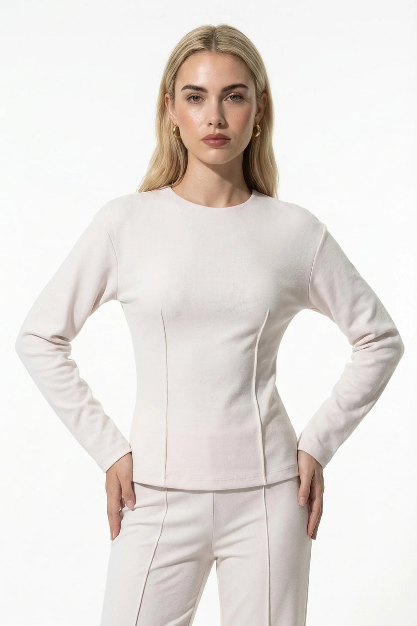 FJØRNA women's slim fit co-ord set with long sleeve top and wide-leg trousers in white, stylish and comfortable for casual wear.