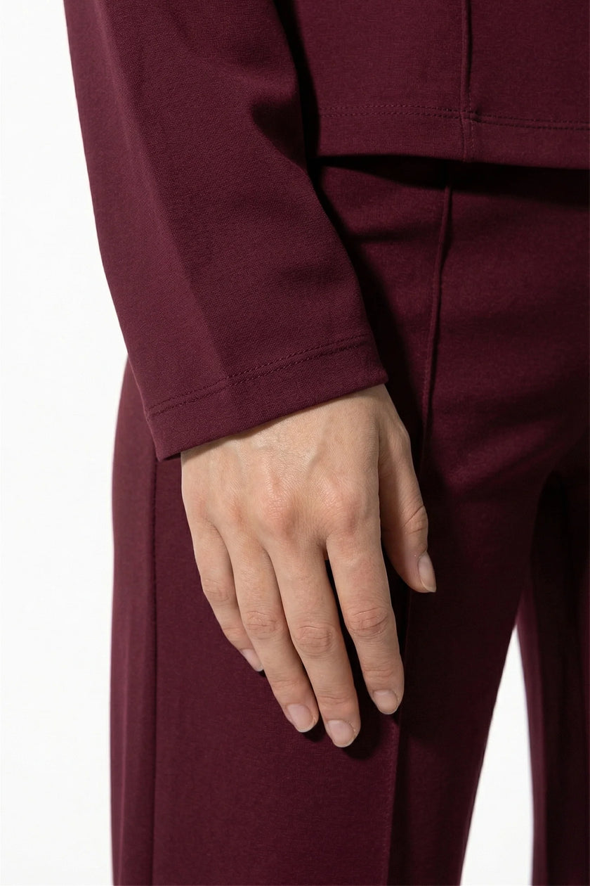 FJØRNA women's slim fit co-ord set with long sleeve top and wide-leg trousers in wine red, stylish and comfortable for casual wear.
