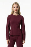 FJØRNA women's slim fit co-ord set with long sleeve top and wide-leg trousers in wine red, stylish and comfortable ensemble.