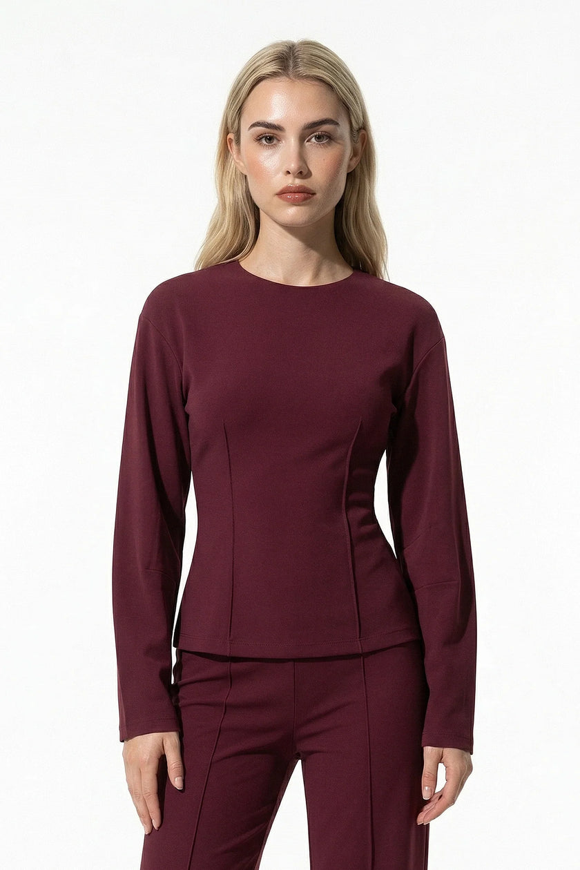 FJØRNA women's slim fit co-ord set with long sleeve top and wide-leg trousers in wine red, stylish and comfortable ensemble.