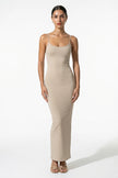 FJØRNA beige sleeveless bodycon maxi dress for women, breathable summer dress, full-body shot showcasing fitted silhouette.