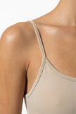 FJØRNA beige sleeveless bodycon maxi dress for women, breathable summer dress with fitted silhouette, close-up shot