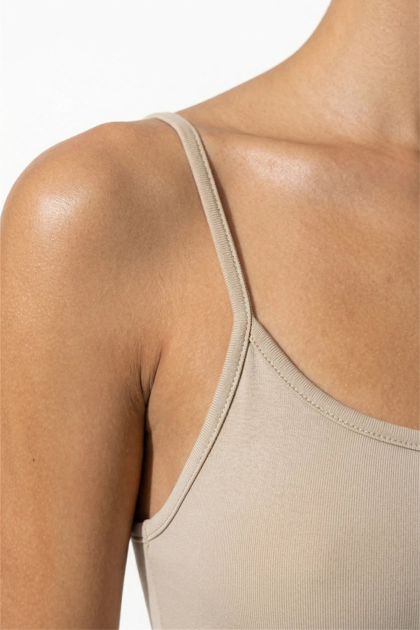 FJØRNA beige sleeveless bodycon maxi dress for women, breathable summer dress with fitted silhouette, close-up shot