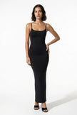 Black FJØRNA women's sleeveless bodycon maxi dress, breathable summer dress shown in a full-body shot, perfect for warm weather.