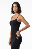 Black FJØRNA sleeveless bodycon maxi dress for women, breathable summer dress, perfect for warm weather and casual occasions.