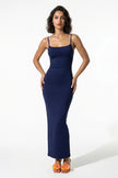 Navy blue FJØRNA sleeveless bodycon maxi dress for women, featuring breathable fabric and full-length design for summer wear.
