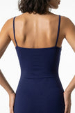 Navy blue FJØRNA sleeveless bodycon maxi dress for women, breathable summer dress, close-up shot highlighting fabric texture.