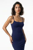 Navy blue FJØRNA sleeveless bodycon maxi dress for women, breathable summer dress, medium shot showcasing fitted style.