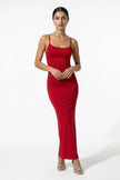 Red FJØRNA sleeveless summer bodycon maxi dress for women, featuring a breathable fabric and fitted silhouette.