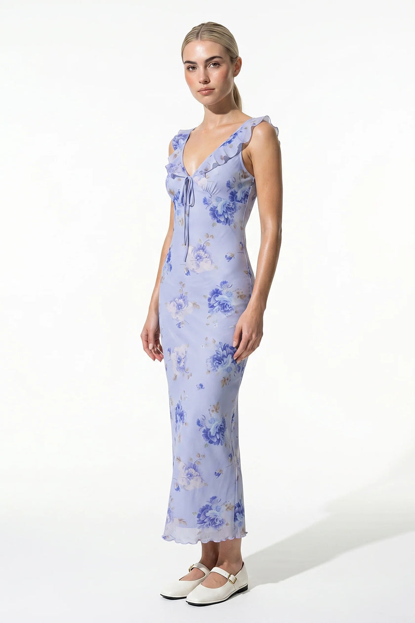 Purple FJØRNA sleeveless maxi dress for women with flowing, casual summer style, full-length view in the image.