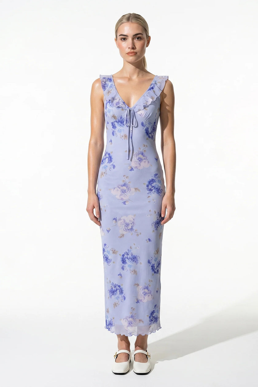 Purple sleeveless maxi dress for women by FJØRNA, flowing and casual, perfect for summer wear.