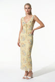 Yellow sleeveless maxi dress for women by FJØRNA, flowing summer casual dress shown in full body view.