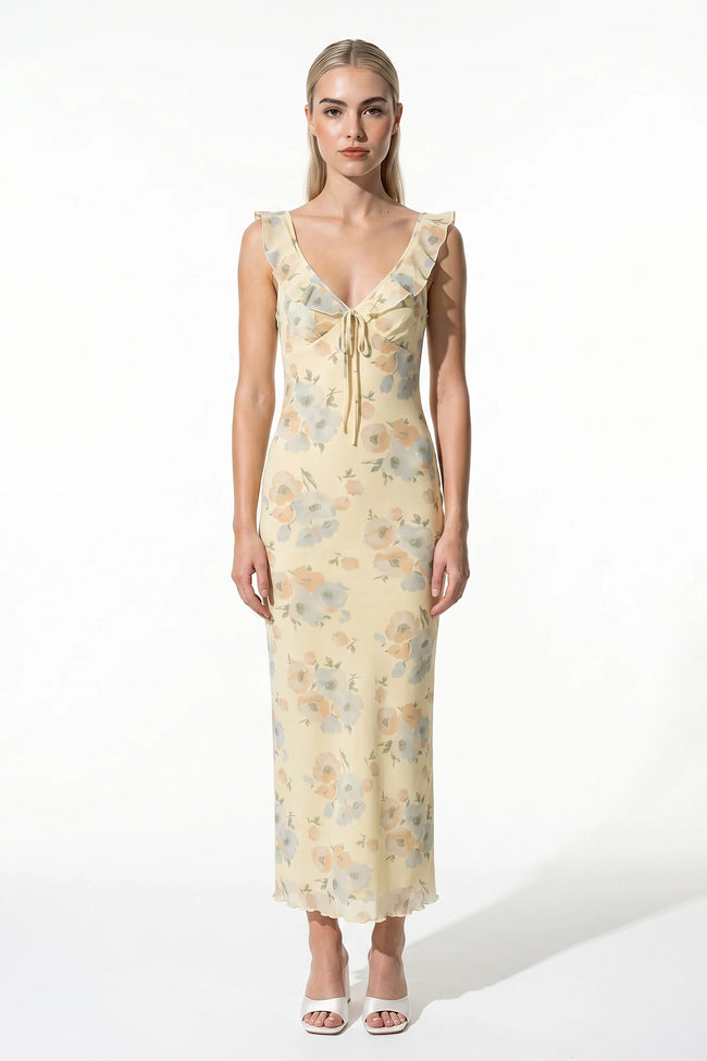 Yellow FJØRNA sleeveless maxi dress for women, flowing summer casual dress with a relaxed fit and elegant design.
