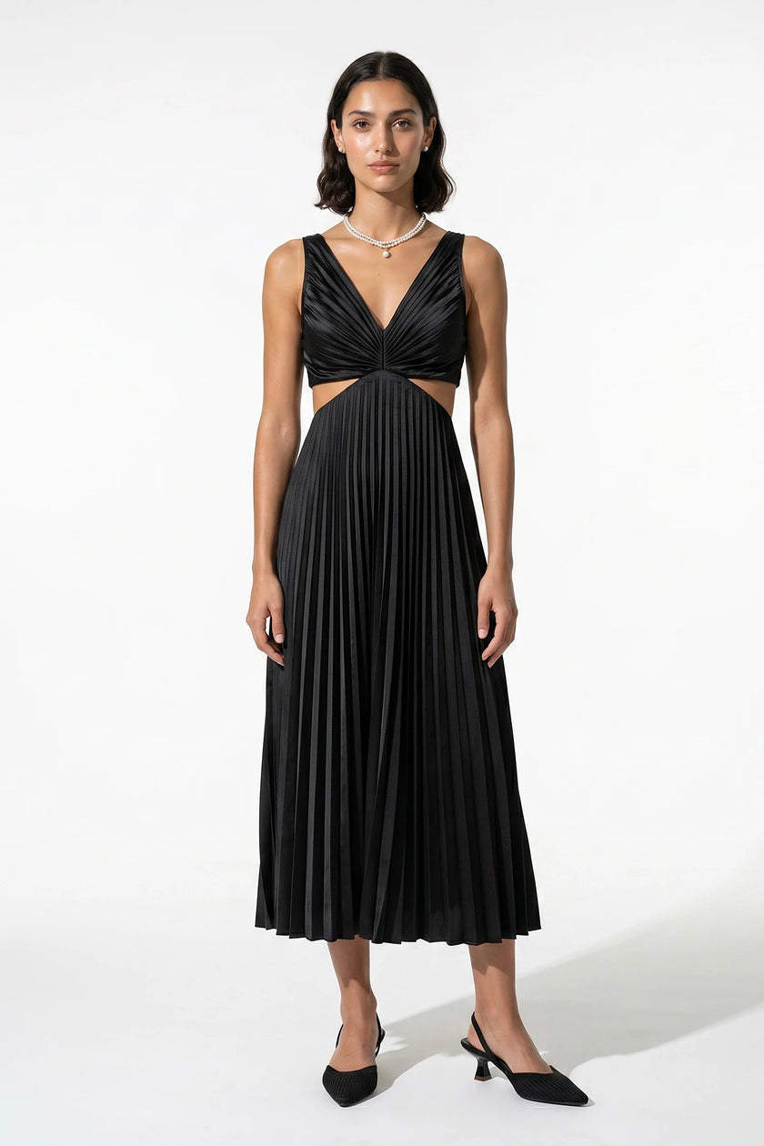 Black FJØRNA women's pleated maxi dress with V-neck, suspender straps, and hollow waist detail.