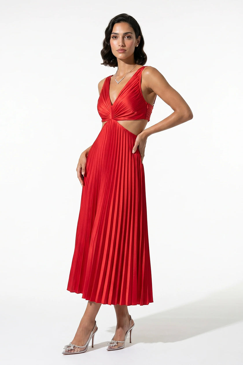 Red FJØRNA women's pleated maxi dress with V-neck, suspender straps, and hollow waist, full-body view.