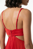 Red FJØRNA pleated maxi dress for women featuring a V-neck, suspender straps, and a hollow waist design.