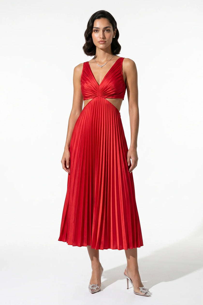 Red FJØRNA women’s pleated maxi dress with V-neck, suspender straps, and hollow waist design, perfect for elegant occasions.