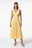 Yellow FJØRNA women's pleated maxi dress with V-neck, suspender straps, and hollow waist design, perfect for elegant occasions.