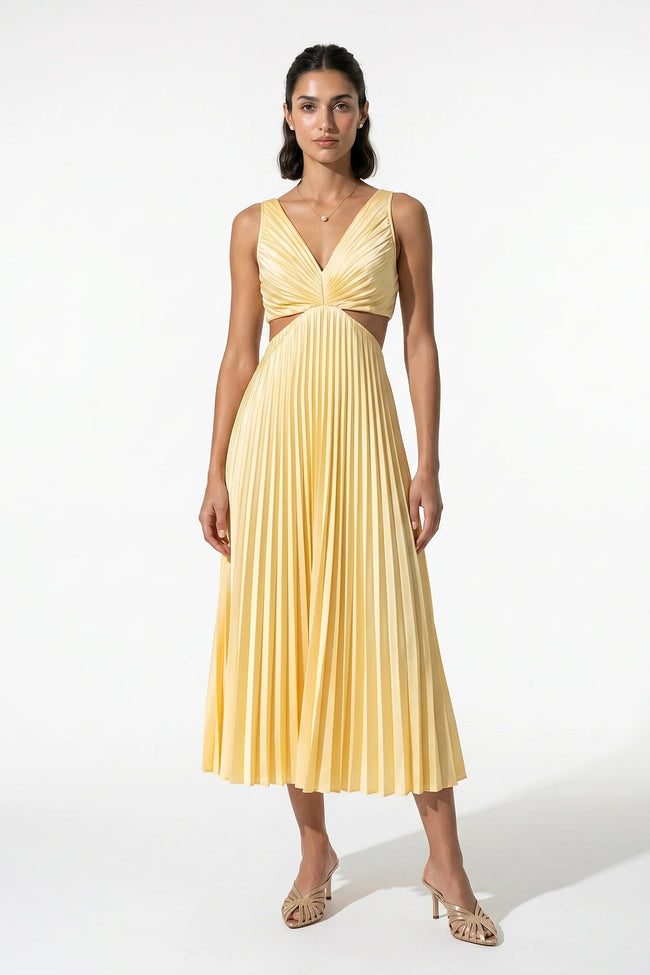 Yellow FJØRNA pleated maxi dress with v-neck and cut-out waist, stylish occasion dress for women.