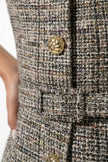 FJØRNA women's tailored khaki belted waistcoat with slim fit, round neckline, and stylish design, shown in close-up image.