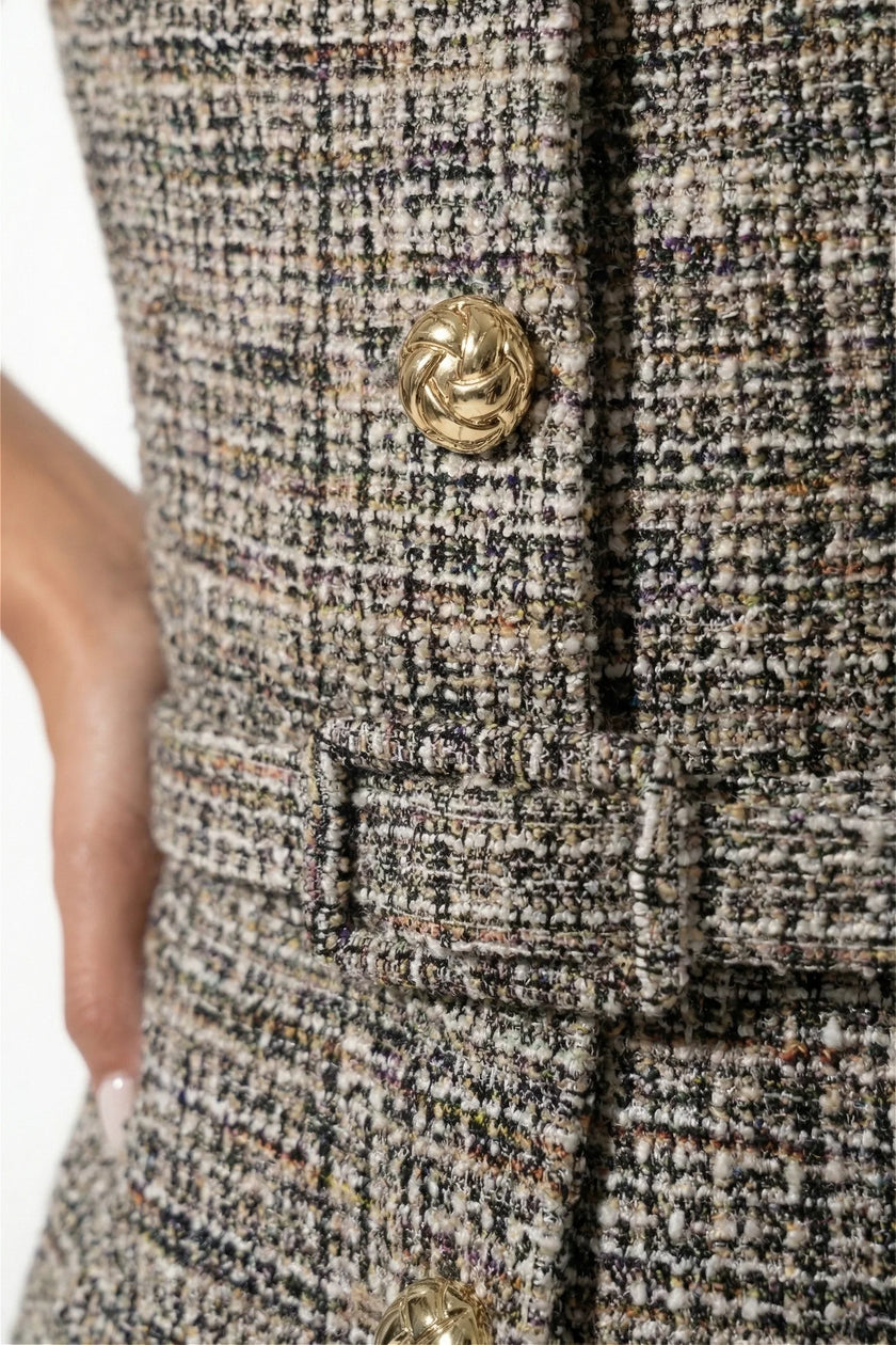 FJØRNA women's tailored khaki belted waistcoat with slim fit, round neckline, and stylish design, shown in close-up image.
