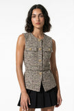 Women's khaki tailored waistcoat by FJØRNA with belt, slim fit, round neck, perfect for stylish layering.