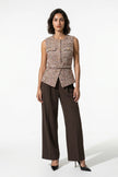 Orange women's tailored belted waistcoat by FJØRNA featuring a slim fit and round neckline, full-body view.
