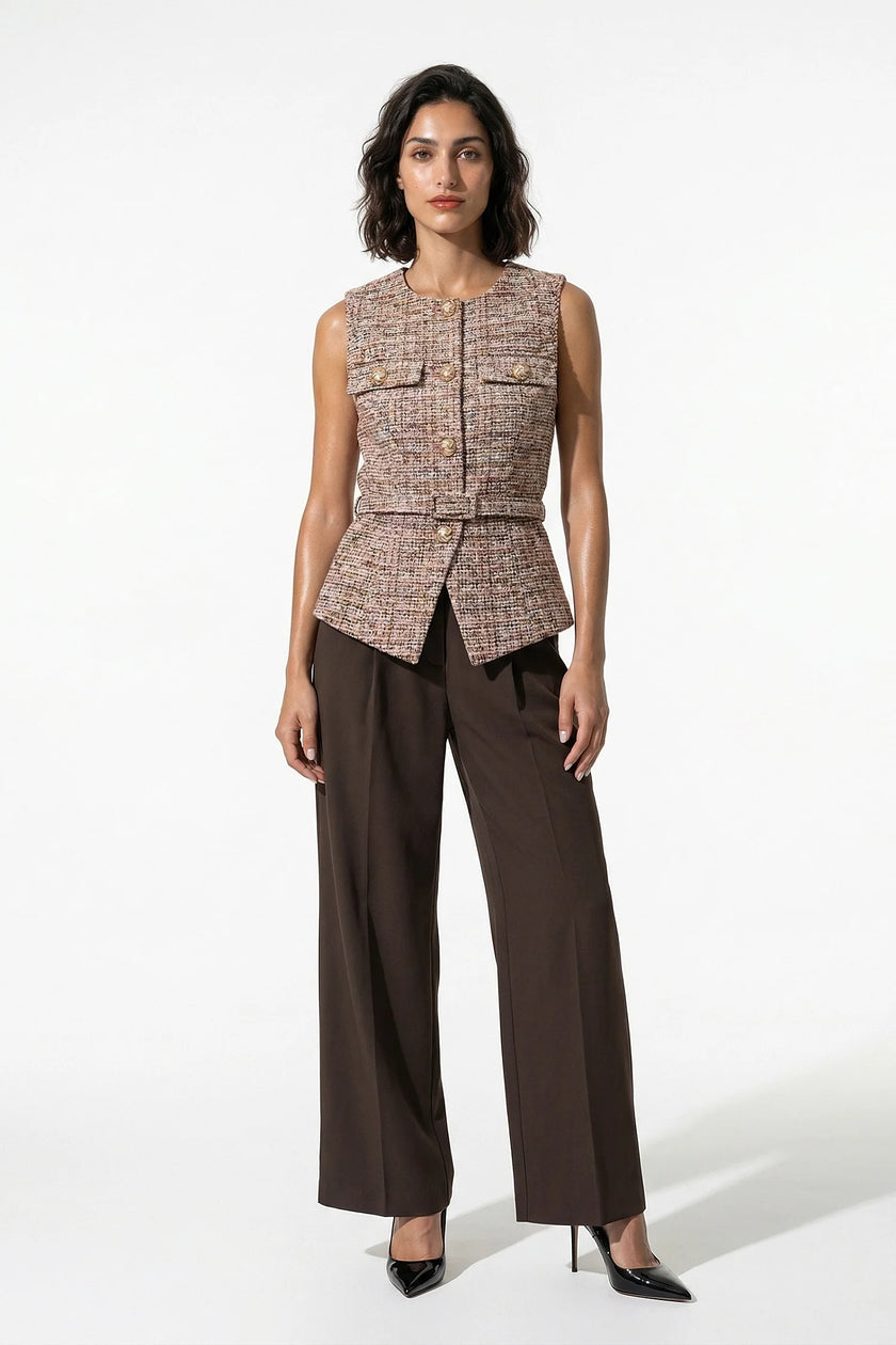 Orange women's tailored belted waistcoat by FJØRNA featuring a slim fit and round neckline, full-body view.