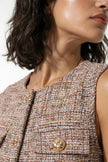 Orange women's tailored belted waistcoat by FJØRNA featuring a slim fit design and round neckline.