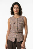 Orange women's tailored belted waistcoat by FJØRNA with slim fit and round neckline, styled for a sleek, modern look.
