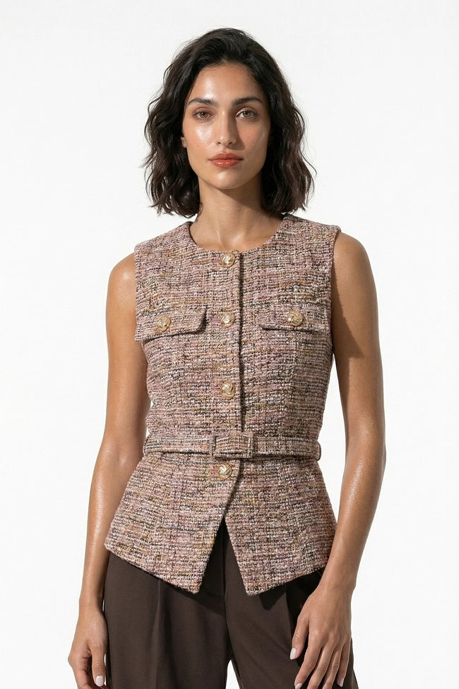 Orange women's tailored belted waistcoat by FJØRNA with slim fit and round neckline, styled for a sleek, modern look.