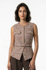 Orange women's tailored belted waistcoat by FJØRNA with slim fit and round neckline, styled for a sleek, modern look.