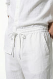 FJØRNA men's linen co-ord set with white shirt and trousers, perfect for summer casual wear.
