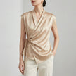 FJØRNA summer blouse for women, champagne sleeveless satin top with V-neck, stylish and elegant women's clothing.