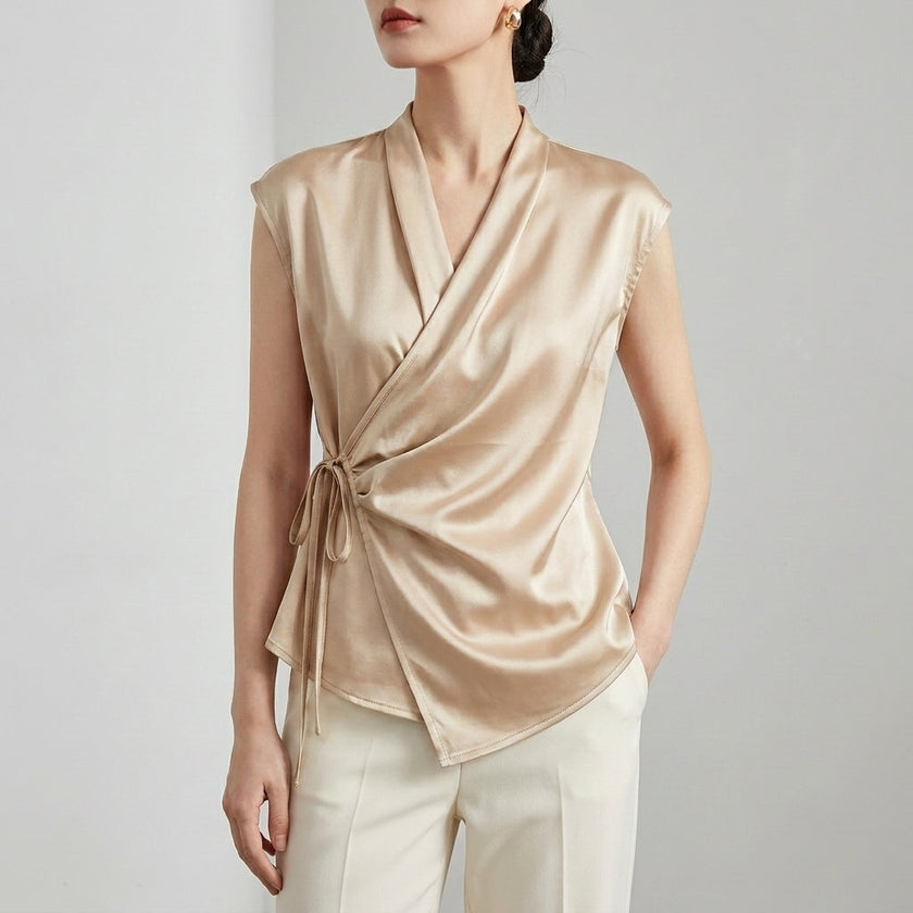 FJØRNA summer blouse for women, champagne sleeveless satin top with V-neck, stylish and elegant women's clothing.