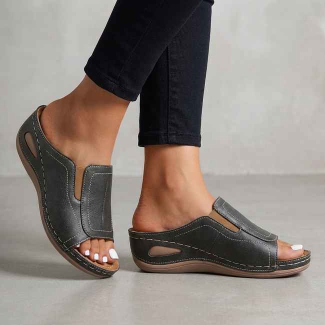 Charcoal orthopedic wedge open-toe slide sandals for women by FJØRNA, featuring supportive design and comfortable fit.