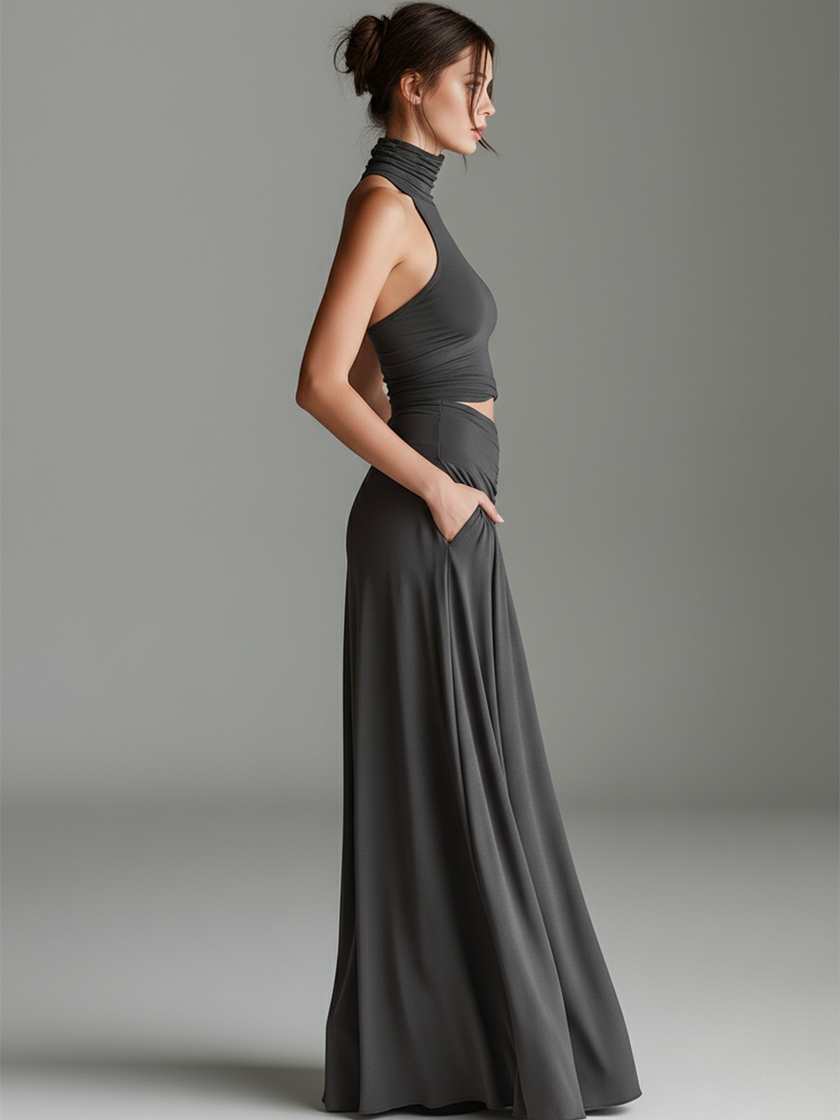 Charcoal Knit Turtleneck Mini Dress | Evening Dress