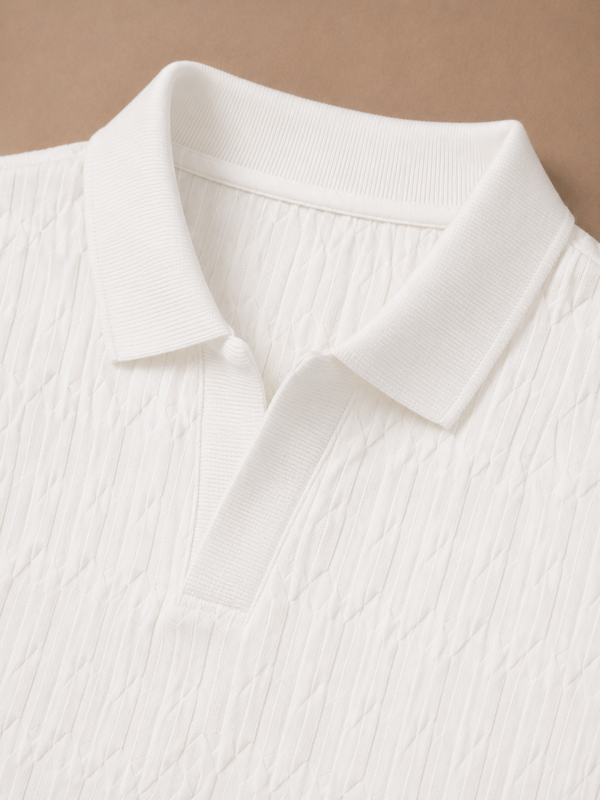 Men's luxury knit polo shirt by FJØRNA featuring soft textured fabric, perfect for summer casual wear.