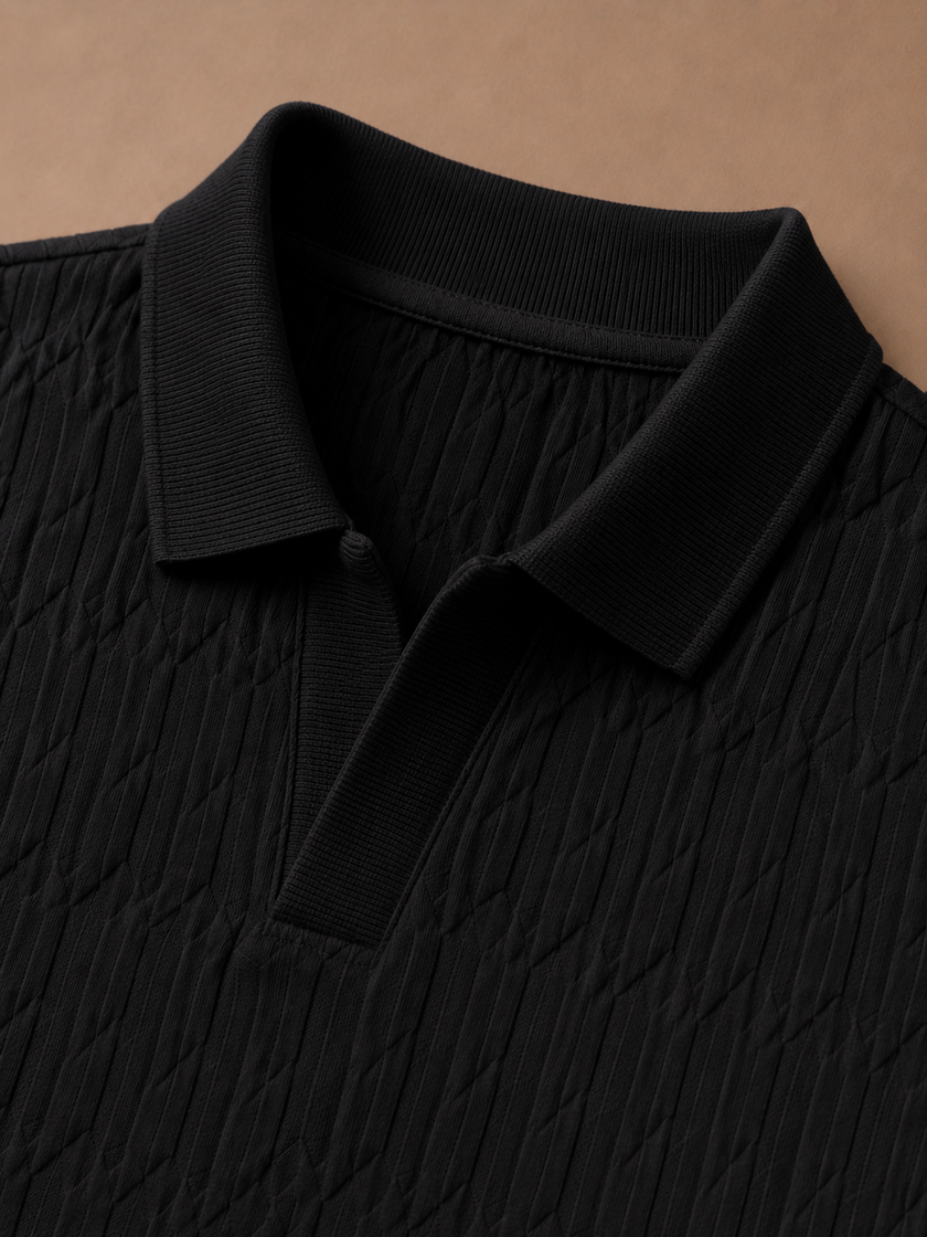 Men's luxury knit polo shirt by FJØRNA featuring soft textured fabric, perfect for summer casual wear.