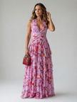 FJØRNA elegant floral maxi dress for women with halter neck and flowy silhouette, perfect for summer or special occasions.