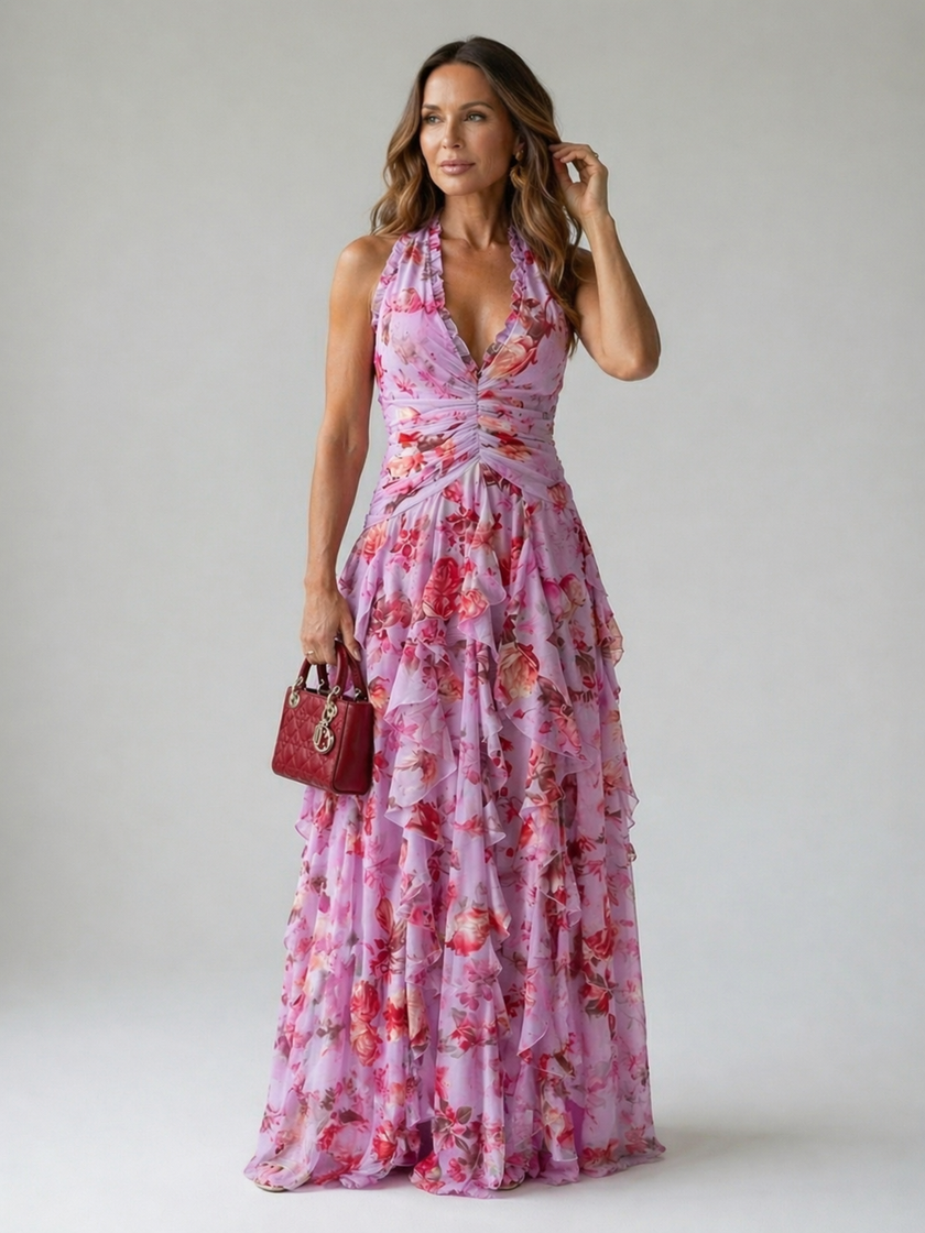 FJØRNA elegant floral maxi dress for women with halter neck and flowy silhouette, perfect for summer or special occasions.
