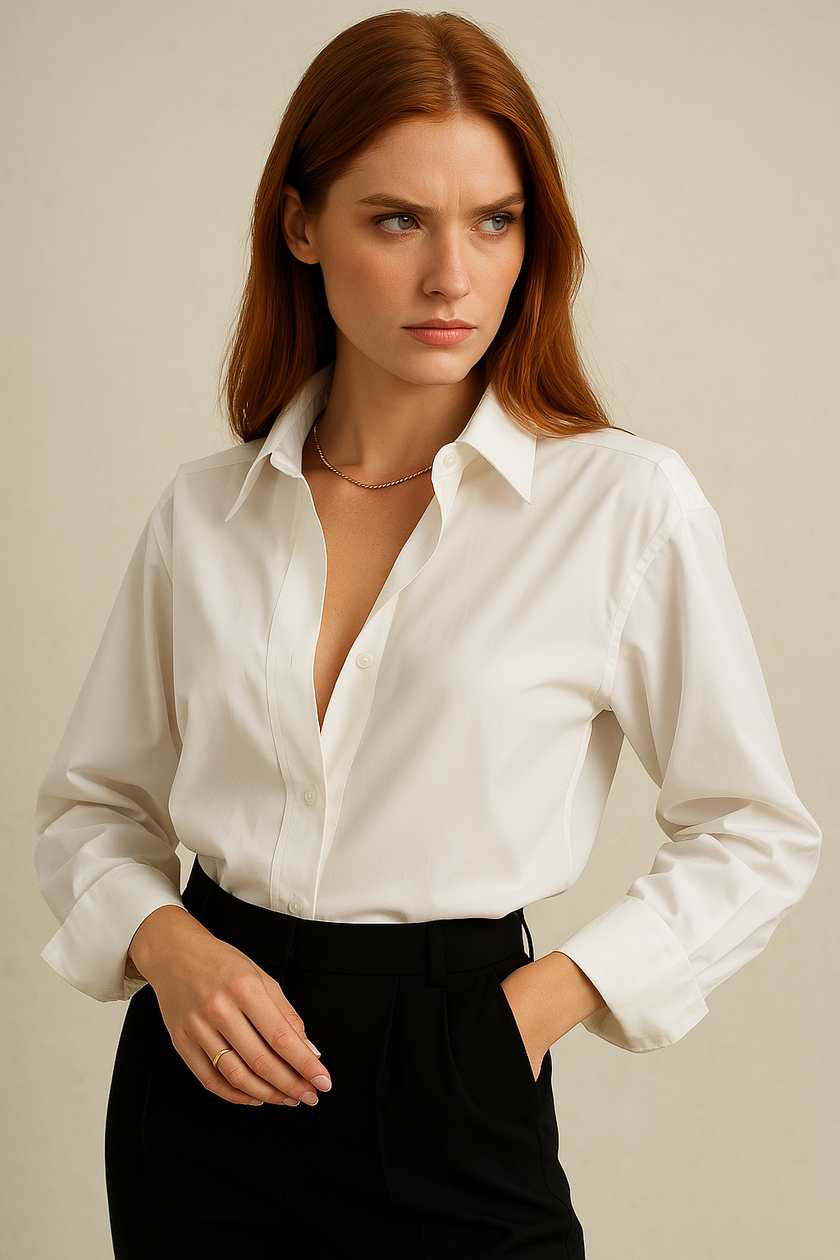 Light blue FJØRNA cotton blouse for women, featuring a relaxed fit with ruffled sleeves and a stylish, breathable design.