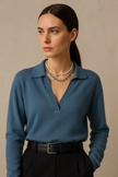 Knit Polo Top Women Collar