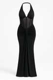 FJØRNA satin maxi dress for women with lace-up bodice, pleated waist, and flowing floor-length design.