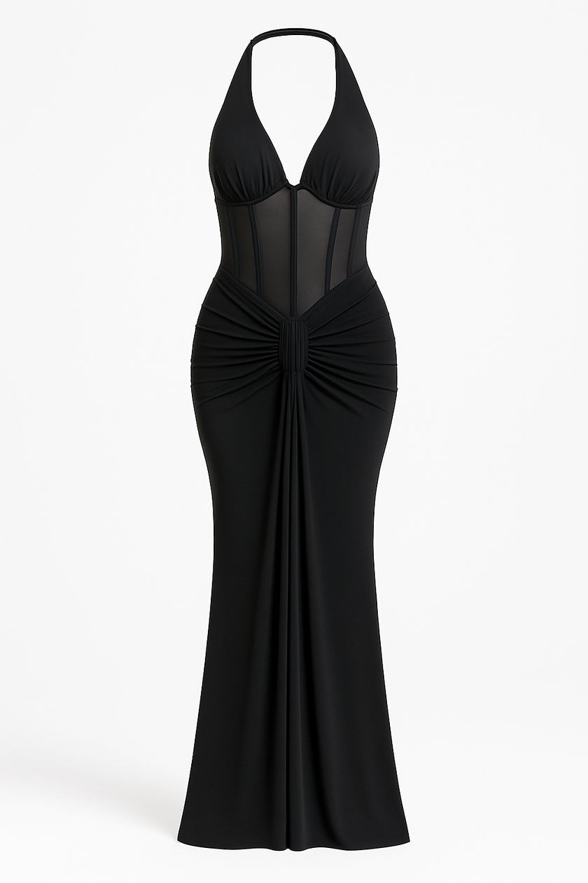 FJØRNA satin maxi dress for women with lace-up bodice, pleated waist, and flowing floor-length design.