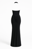 FJØRNA satin maxi dress for women with lace-up bodice, pleated waist, and flowing floor-length design.
