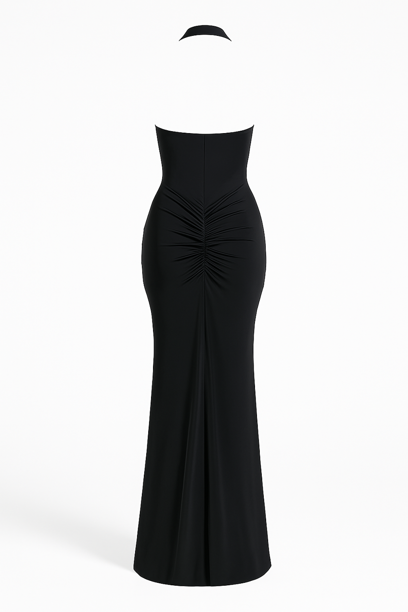 FJØRNA satin maxi dress for women with lace-up bodice, pleated waist, and flowing floor-length design.